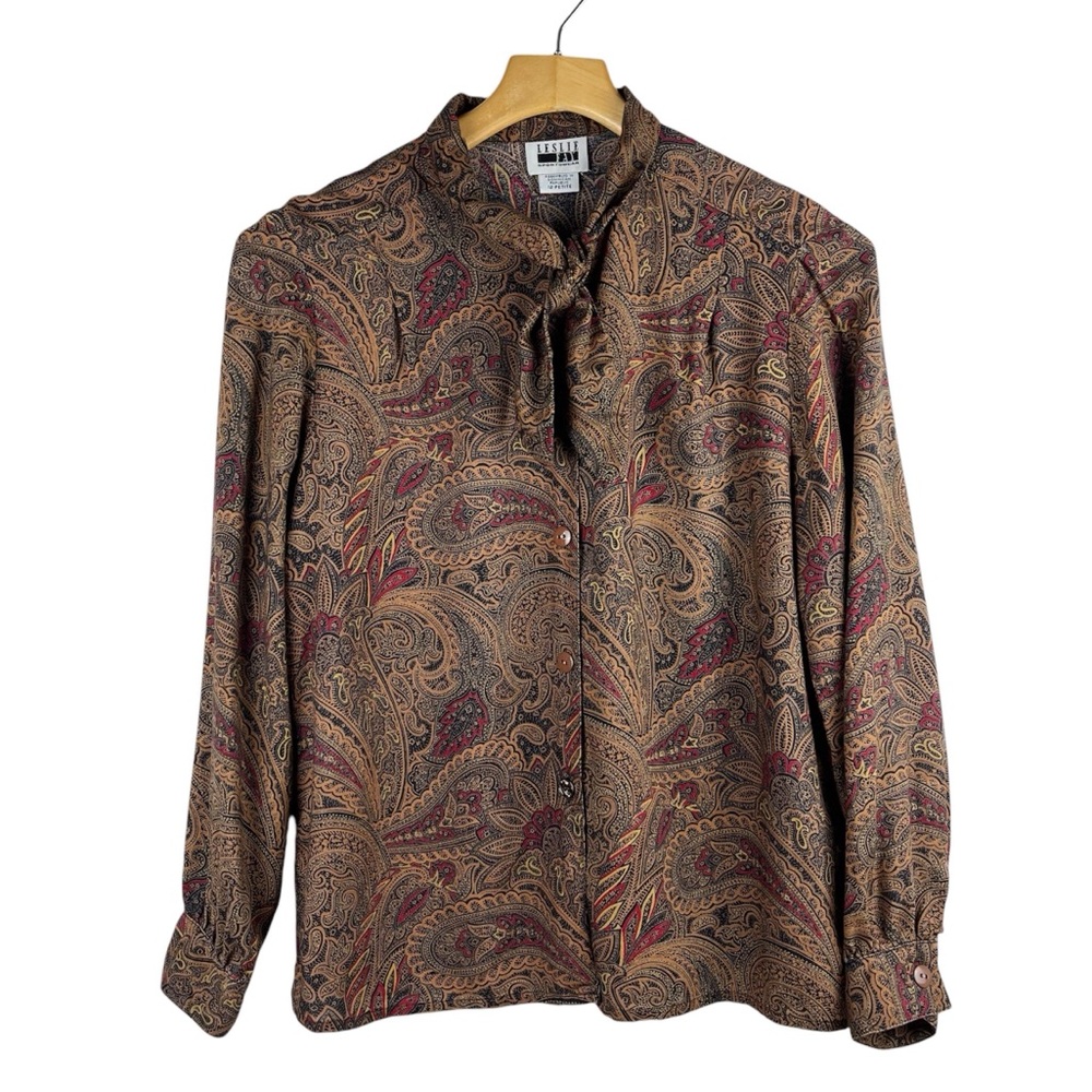 Vintage Leslie Fay Brown Paisley Secretary Blouse Neck Bow Size 12P